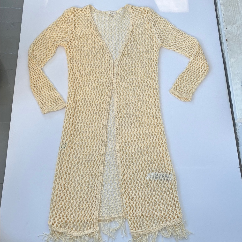 POL Women’s Cream Crochet Knitwear Boho Bohemian Open Front Cardigan Size Small